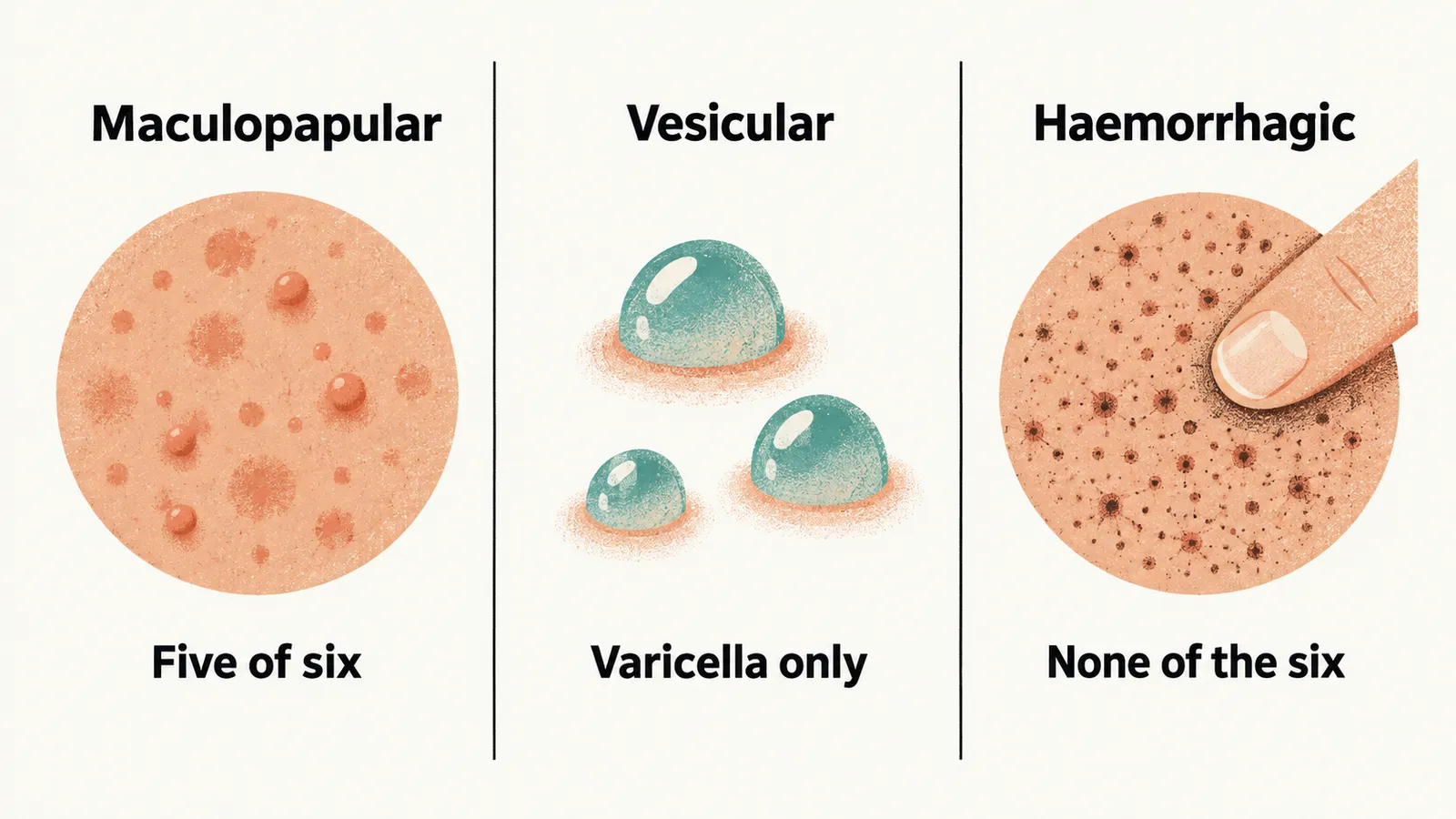 Three panels on cream paper. A spotted disc tagged Maculopapular and Five of six, three clear domes tagged Vesicular and Varicella only, a speckled disc tagged Haemorrhagic and None of the six.