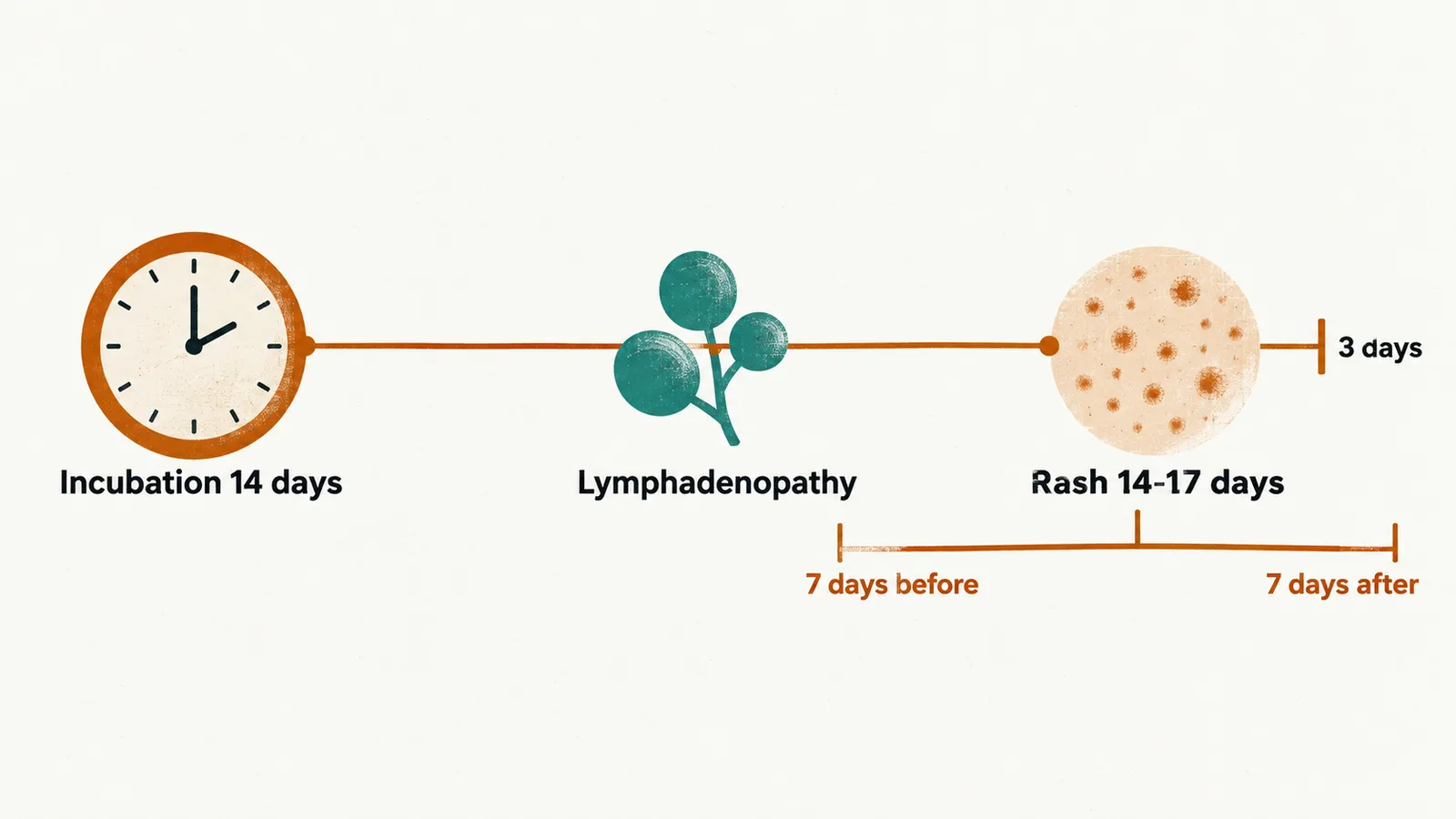 Timeline on cream paper. Clock tagged Incubation 14 days; nodes tagged Lymphadenopathy; spotted disc tagged Rash 14-17 days with a tick for 3 days; bracket tagged 7 days before and 7 days after.
