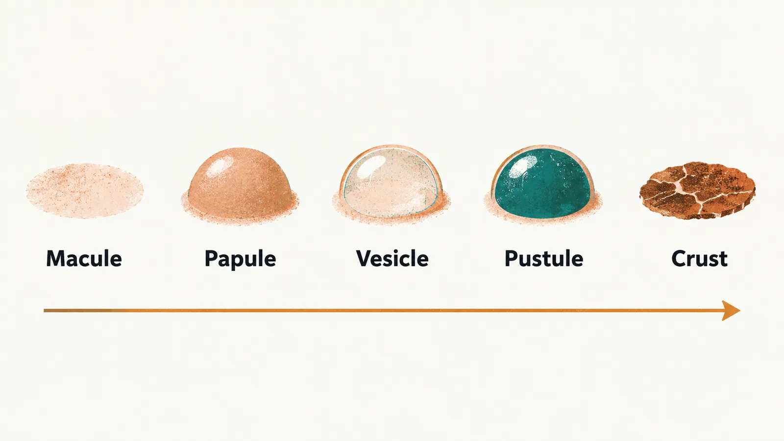Five lesion shapes on cream paper, an arrow beneath: pale spot labelled Macule, raised dome labelled Papule, clear dome labelled Vesicle, dark dome labelled Pustule, crusted disc labelled Crust.