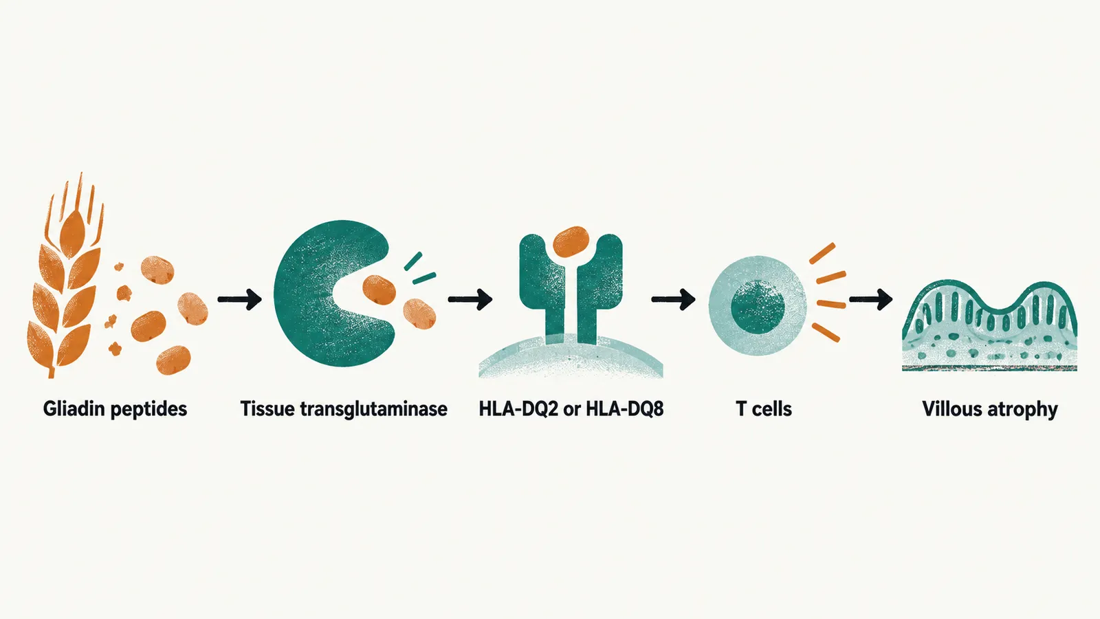 Four arrow-linked stations where a wheat grain becomes peptides, an enzyme modifies them, a receptor presents them, cells activate and villi flatten.