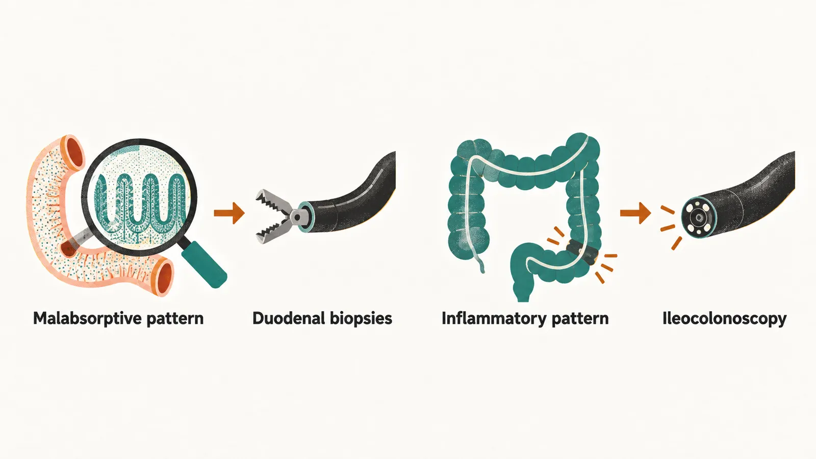 Two panels side by side, a malabsorptive pattern leading to duodenal biopsies on the left and an inflammatory pattern leading to ileocolonoscopy on the right.