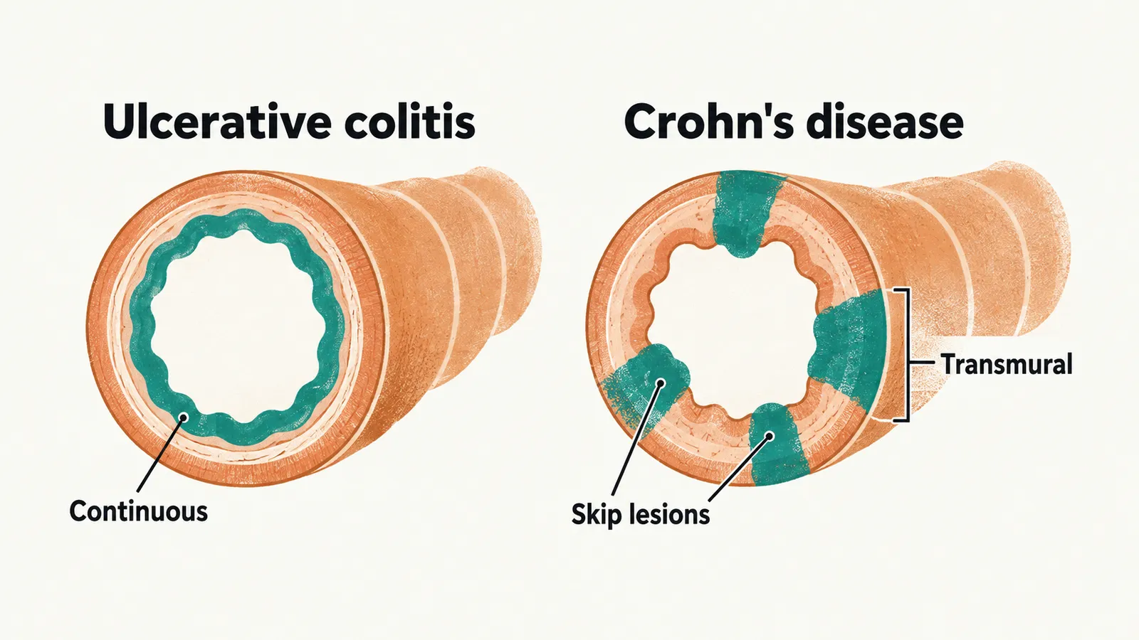 Two gut tubes side by side, the left with one continuous inner band of inflammation and the right with separate patches extending through the wall.
