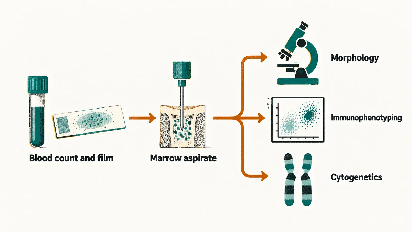A blood count and film lead to a marrow aspirate, which feeds three panels labelled Morphology, Immunophenotyping and Cytogenetics.