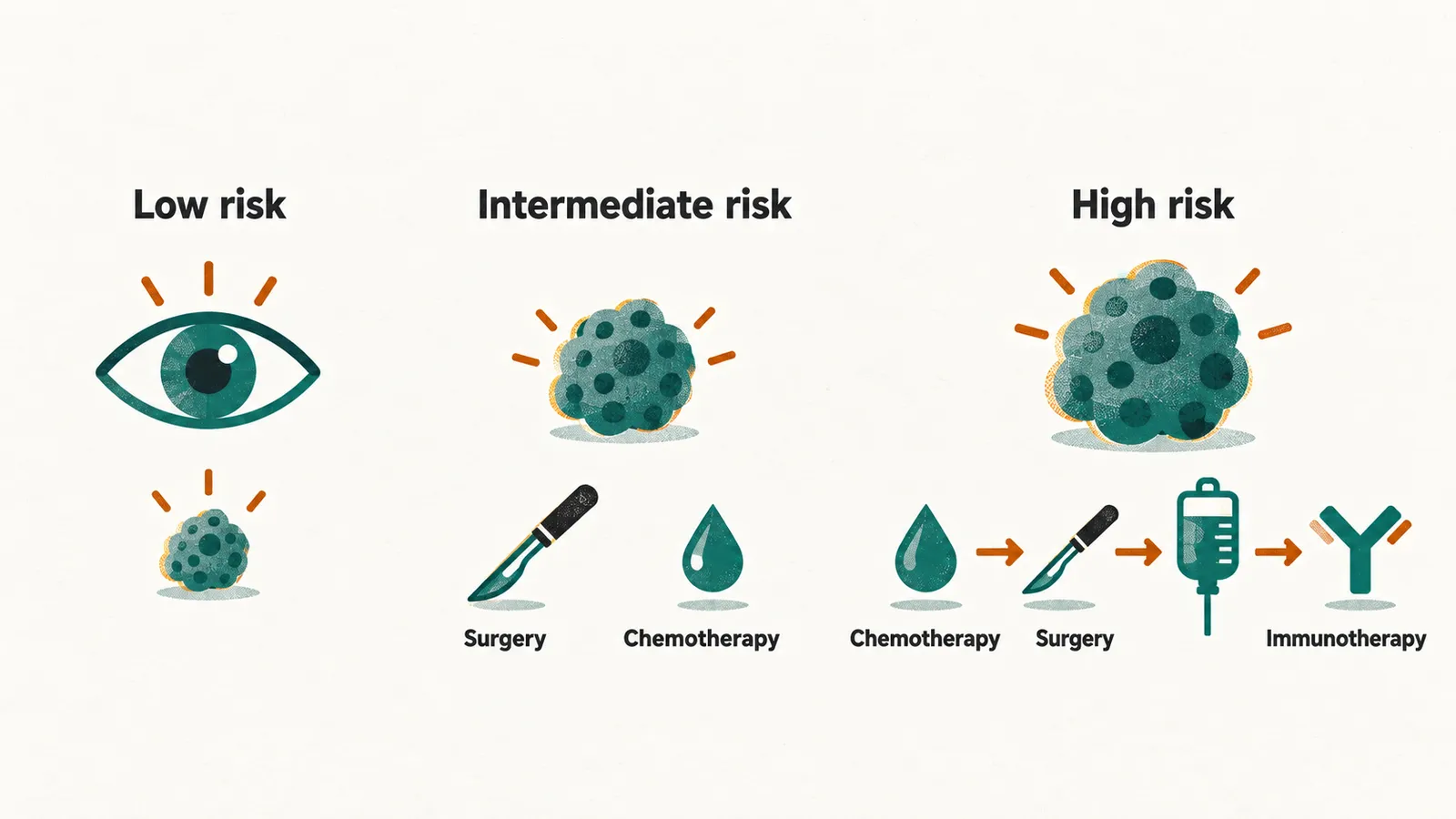 Three columns labelled Low risk, Intermediate risk and High risk, with treatment icons rising from a watchful eye to surgery and chemotherapy.