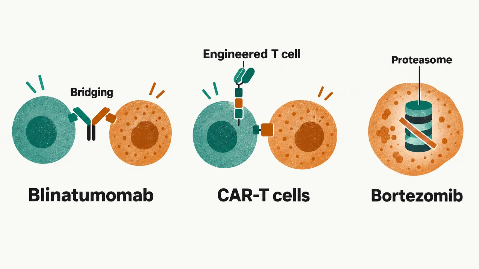Three panels show a bridging molecule joining a T cell to a blast, an engineered T cell with a receptor, and a blast with a blocked proteasome.