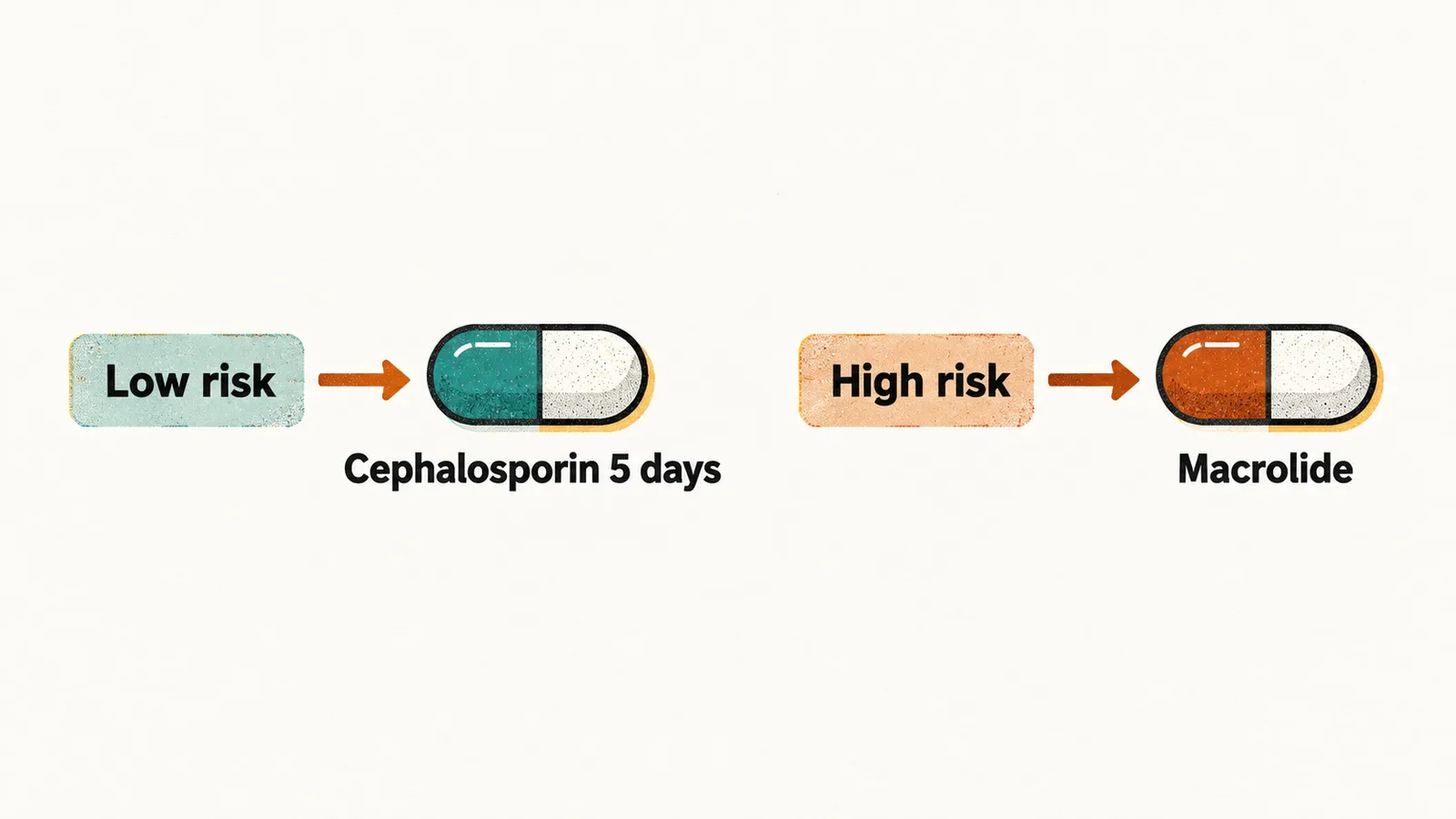 Two panels where Low risk points to Cephalosporin 5 days and High risk points to Macrolide, each shown as a simple capsule.