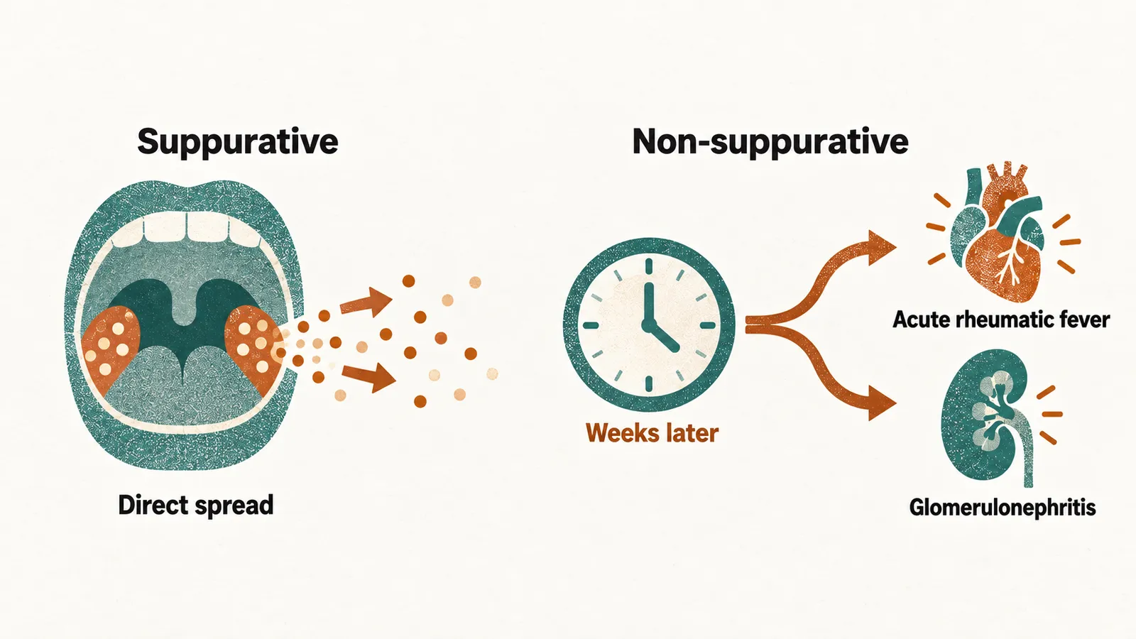A timeline with Suppurative complications from Direct spread on the left and, Weeks later, Non-suppurative ones shown as Acute rheumatic fever and Glomerulonephritis.