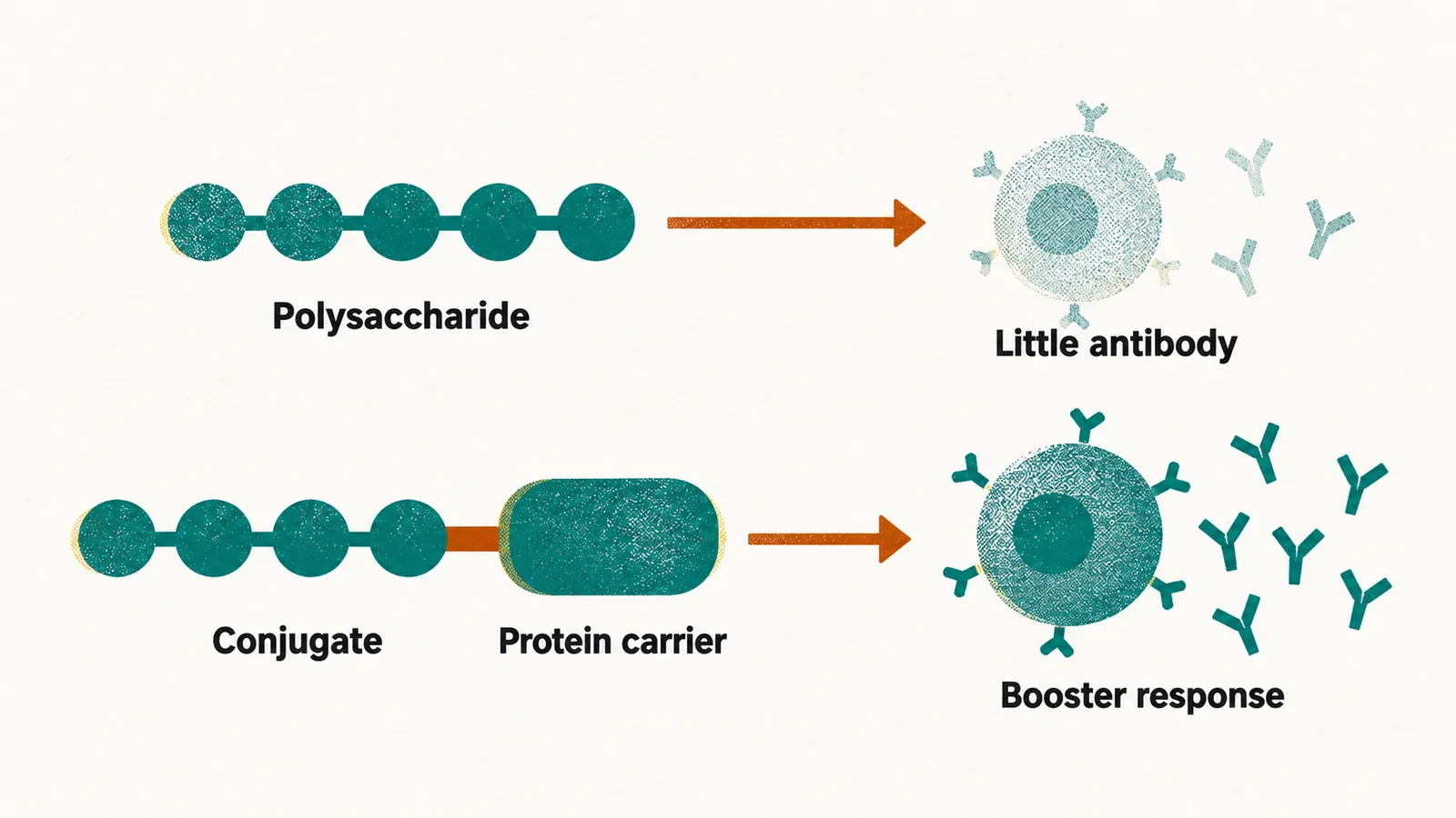 Two routes where Polysaccharide alone gives Little antibody, while a Conjugate with a Protein carrier gains a Booster response.