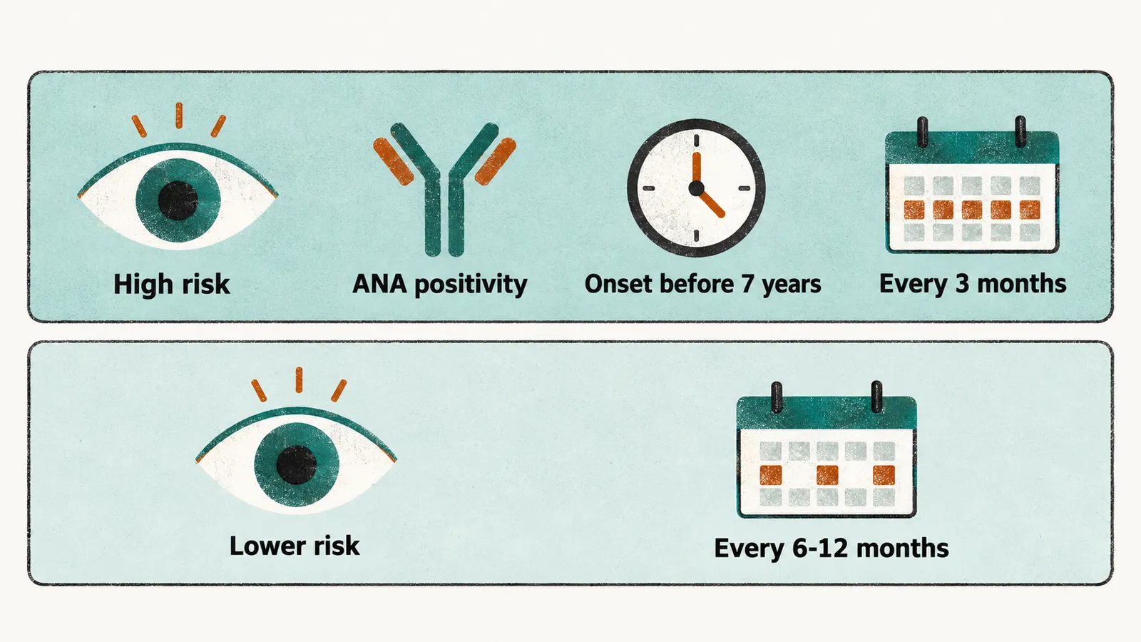 Two panels, the high risk one with ANA positivity and onset before 7 years marked as screened every 3 months, the lower risk one as every 6-12 months.