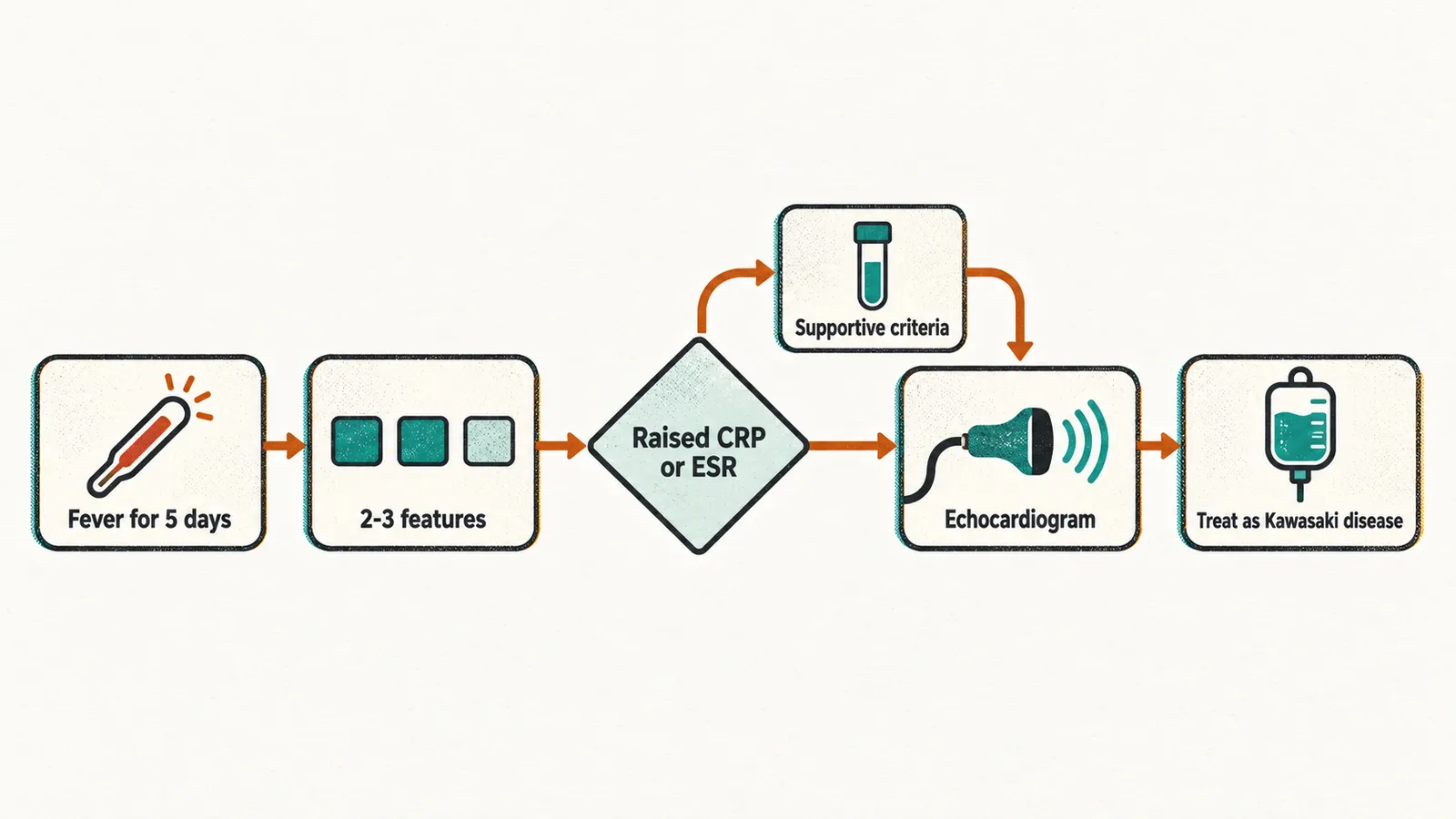 A left-to-right decision pathway where fever for 5 days with 2-3 features leads through raised CRP or ESR and supportive criteria to an echocardiogram and treatment.