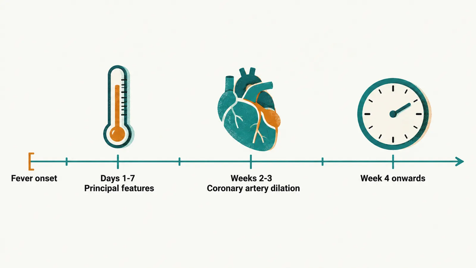 A timeline from fever onset with three stations, days 1-7 with the principal features, weeks 2-3 with coronary artery dilation, and week 4 onwards.