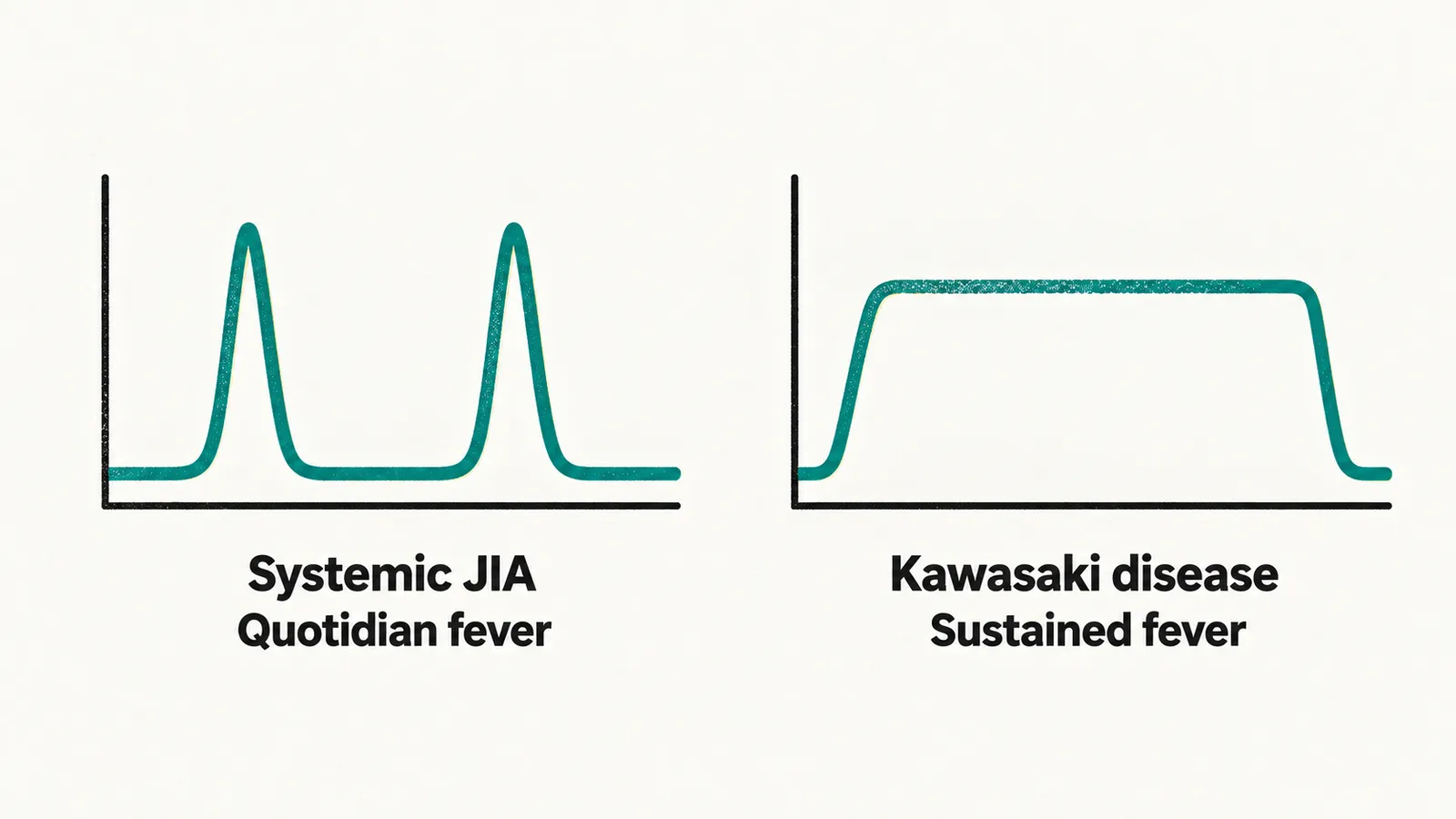 Two small fever charts side by side, the left with two tall daily spikes labelled systemic JIA and quotidian fever, the right a single sustained line labelled Kawasaki disease.