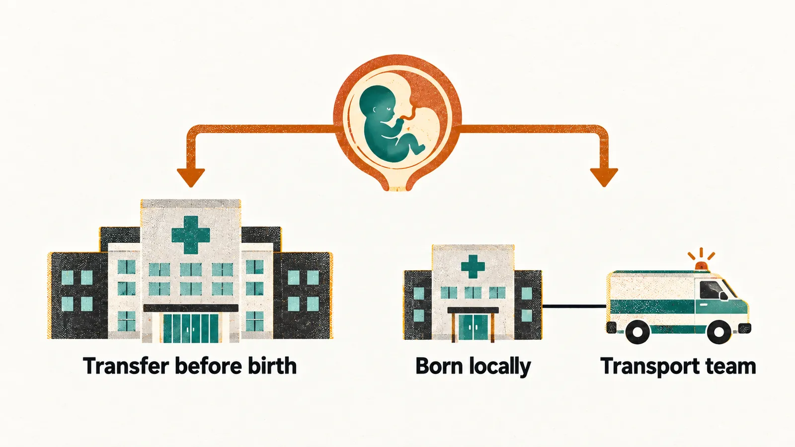 A forked pathway from a planned preterm birth, with one branch labelled transfer before birth and the other showing a local birth followed by a transport team.