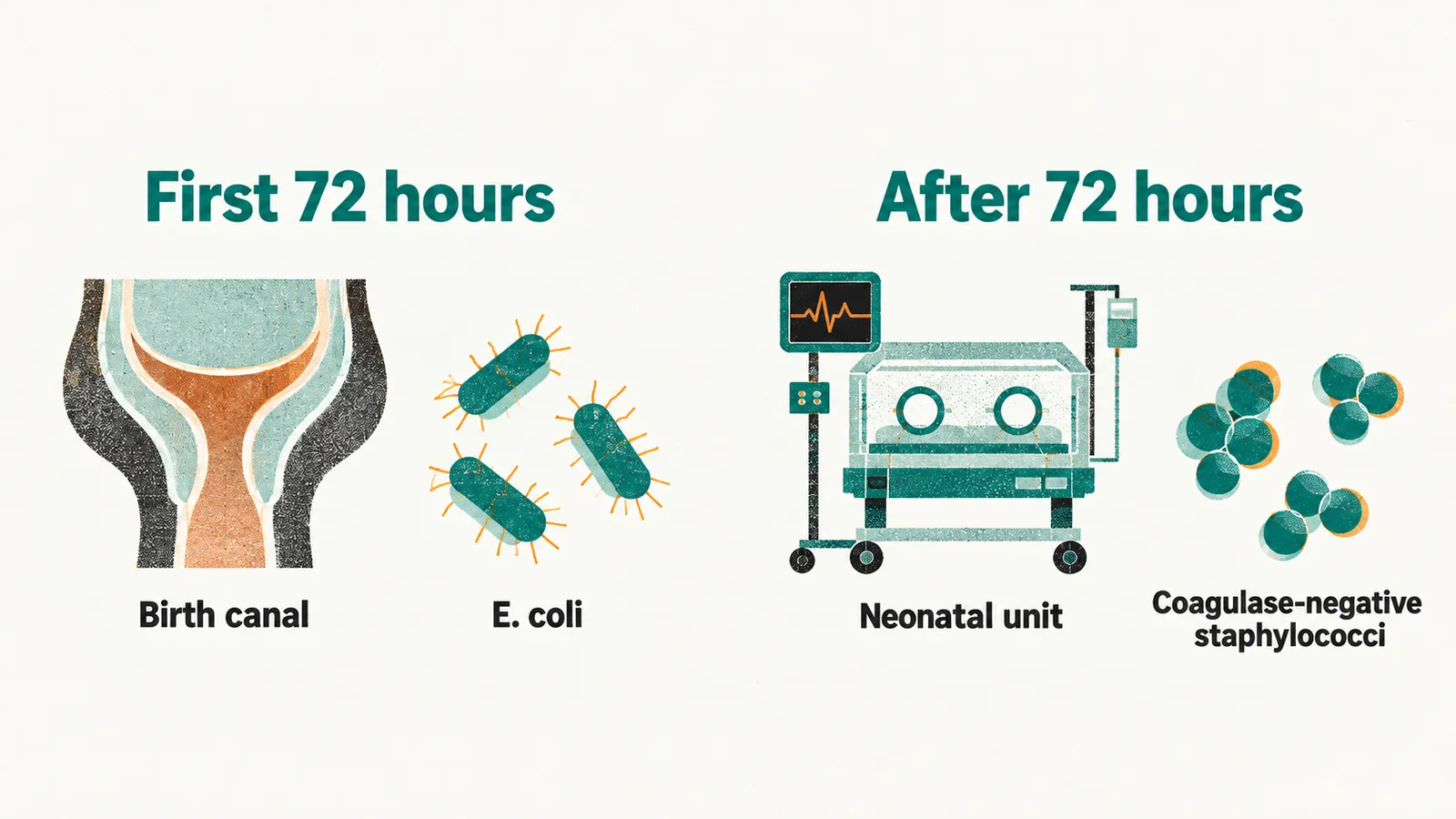 Two panels comparing infection in the first 72 hours from the birth canal with infection after 72 hours in the neonatal unit, each with its characteristic organisms.