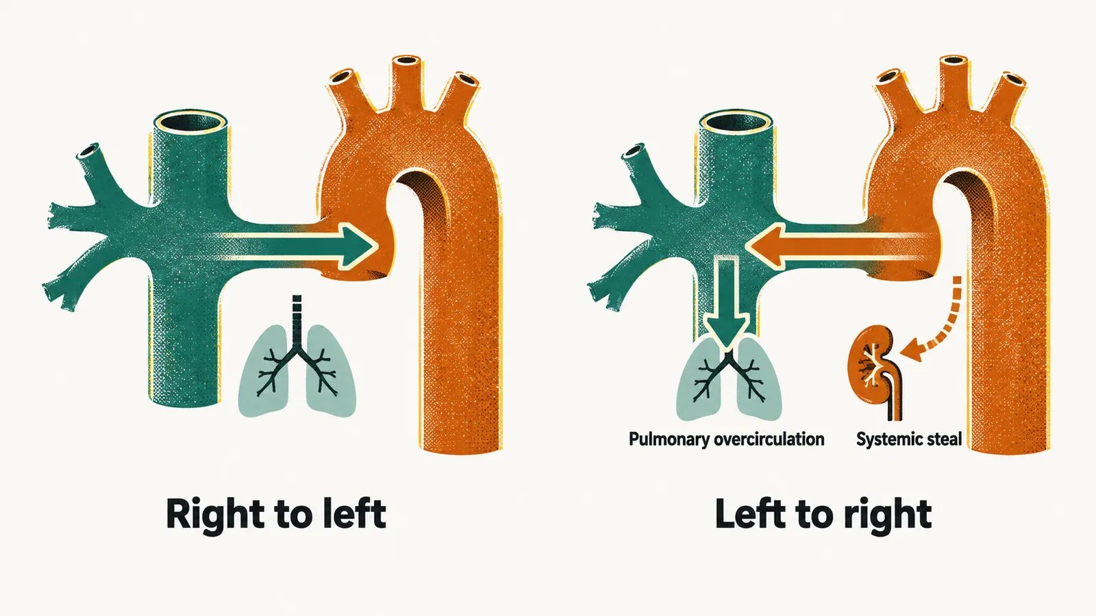 Two panels of an open ductus, one with a right to left arrow bypassing the lungs and one with a left to right arrow causing pulmonary overcirculation and systemic steal.