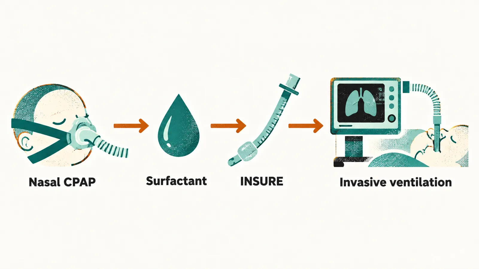 A stepped ladder from nasal CPAP up to invasive ventilation, with a surfactant droplet given through a brief tube labelled INSURE.