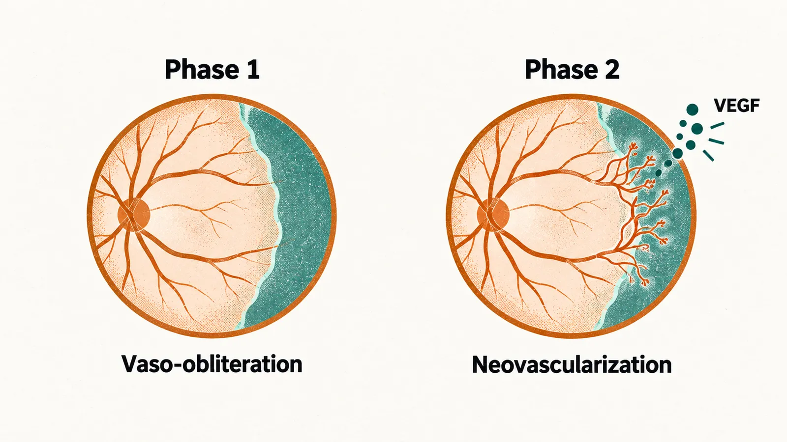 Two panels of a retina, phase 1 vaso-obliteration where vessel growth stops, and phase 2 neovascularization where new vessels form under VEGF.