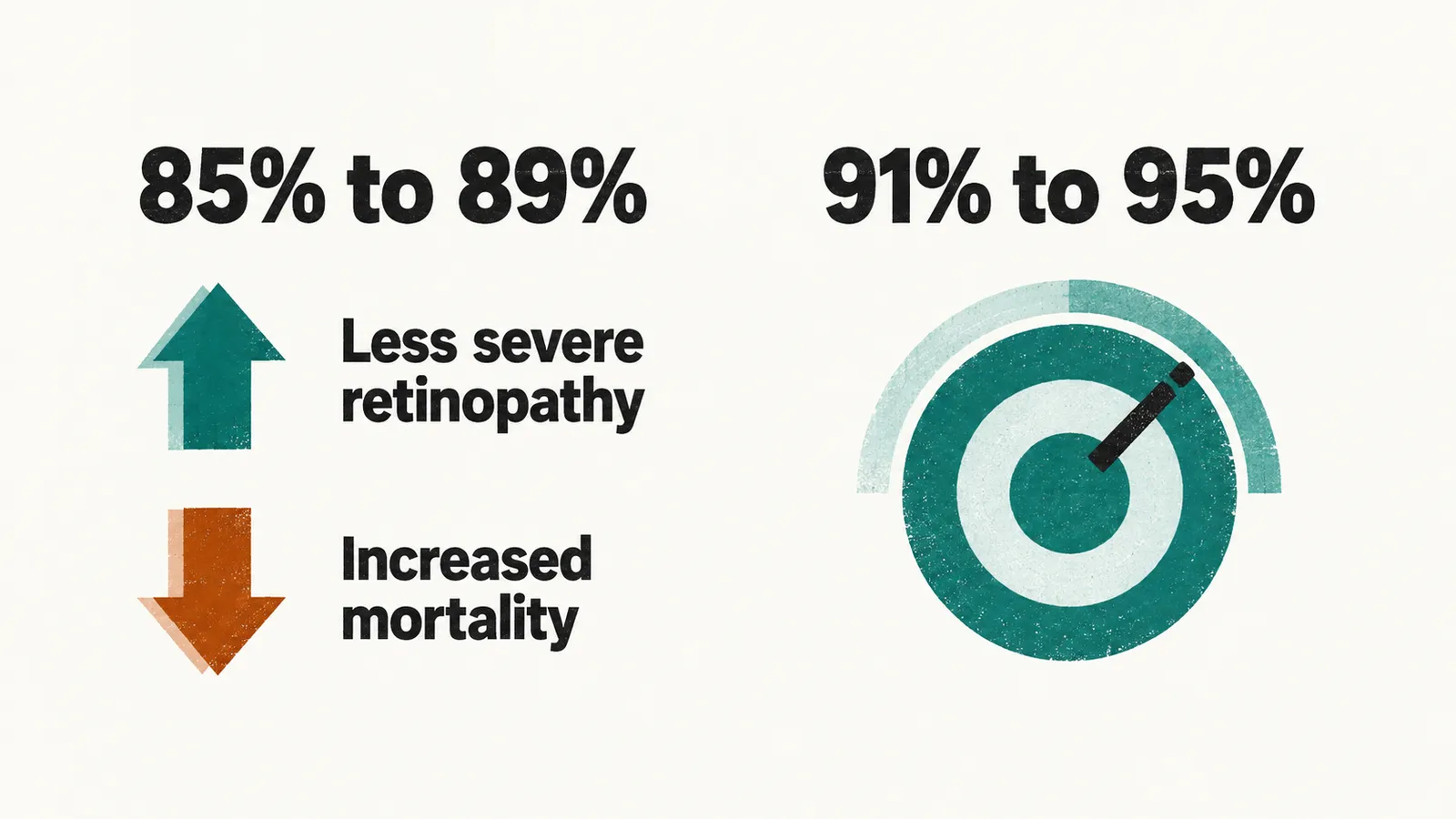 Two panels comparing a lower 85% to 89% oxygen saturation target with a higher 91% to 95% target, the lower target giving less severe retinopathy but increased mortality.