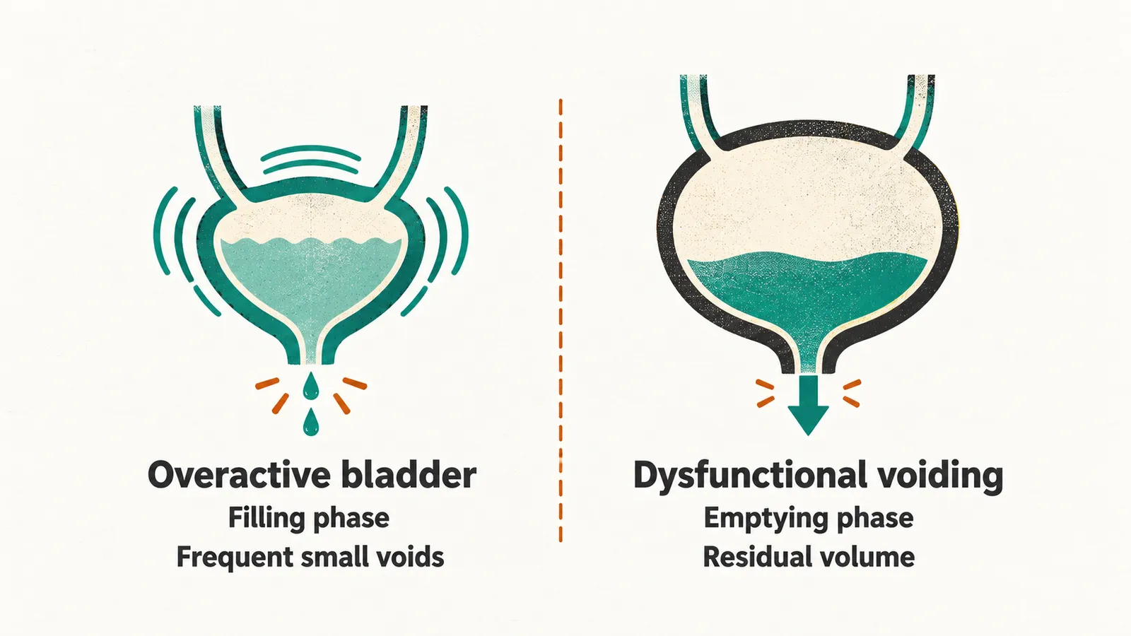 Two panels compare an overactive bladder that contracts during filling with a dysfunctional bladder that fails to empty and leaves residual urine.