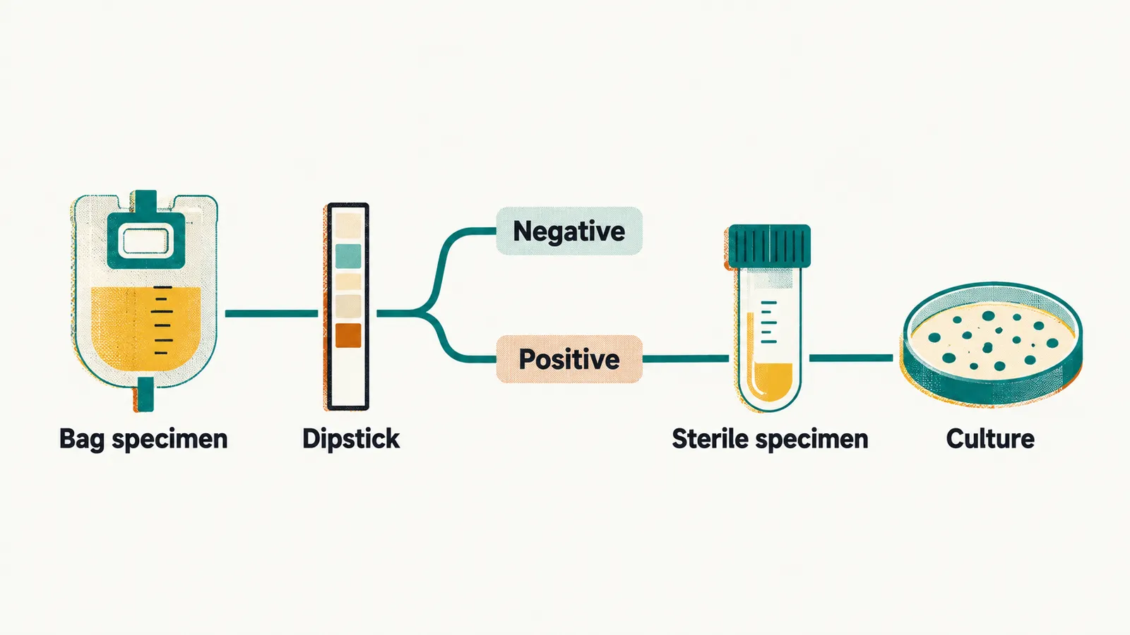 A pathway from a bag specimen and a dipstick splits into a negative branch that stops and a positive branch leading through a sterile specimen to culture.
