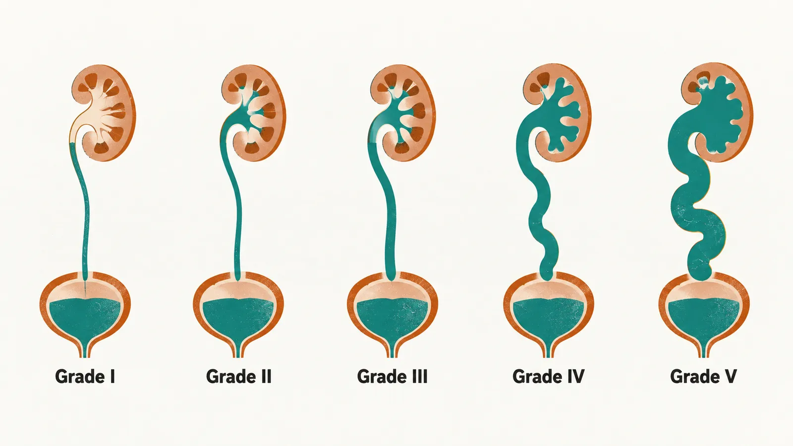 Five small panels show a symbolic bladder and kidney with contrast reaching further up the ureter and dilating the collecting system at each grade.